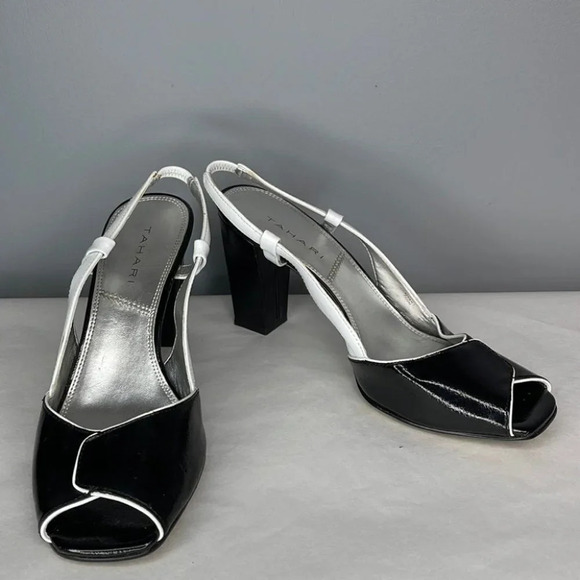 TAHARI Bevan Slingbacks Black White Block Heel Shoes Peep Toe Shiny Size 7.5 - Picture 8 of 8